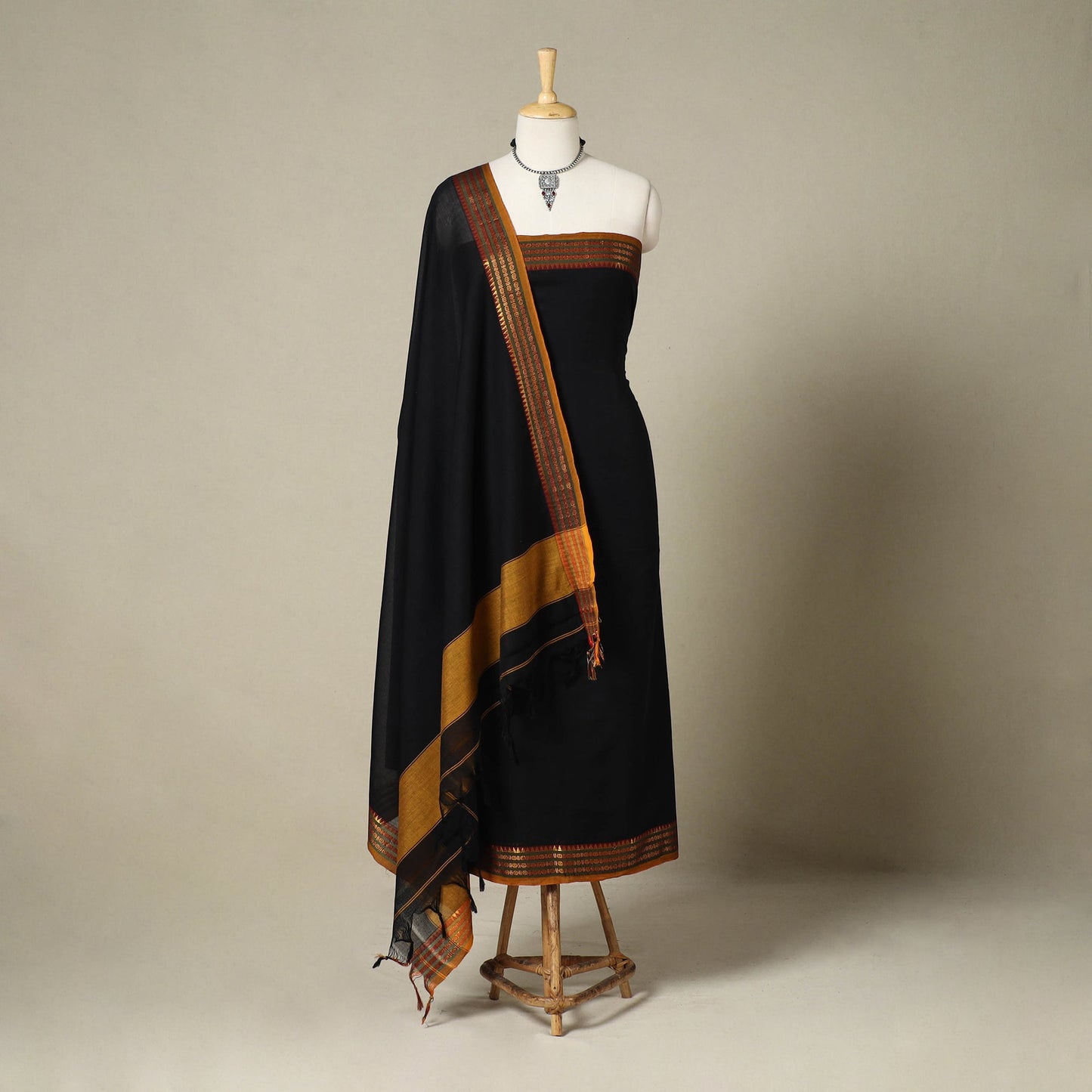 Black 3pc Cotton Unstitched Dharwad Dress Material