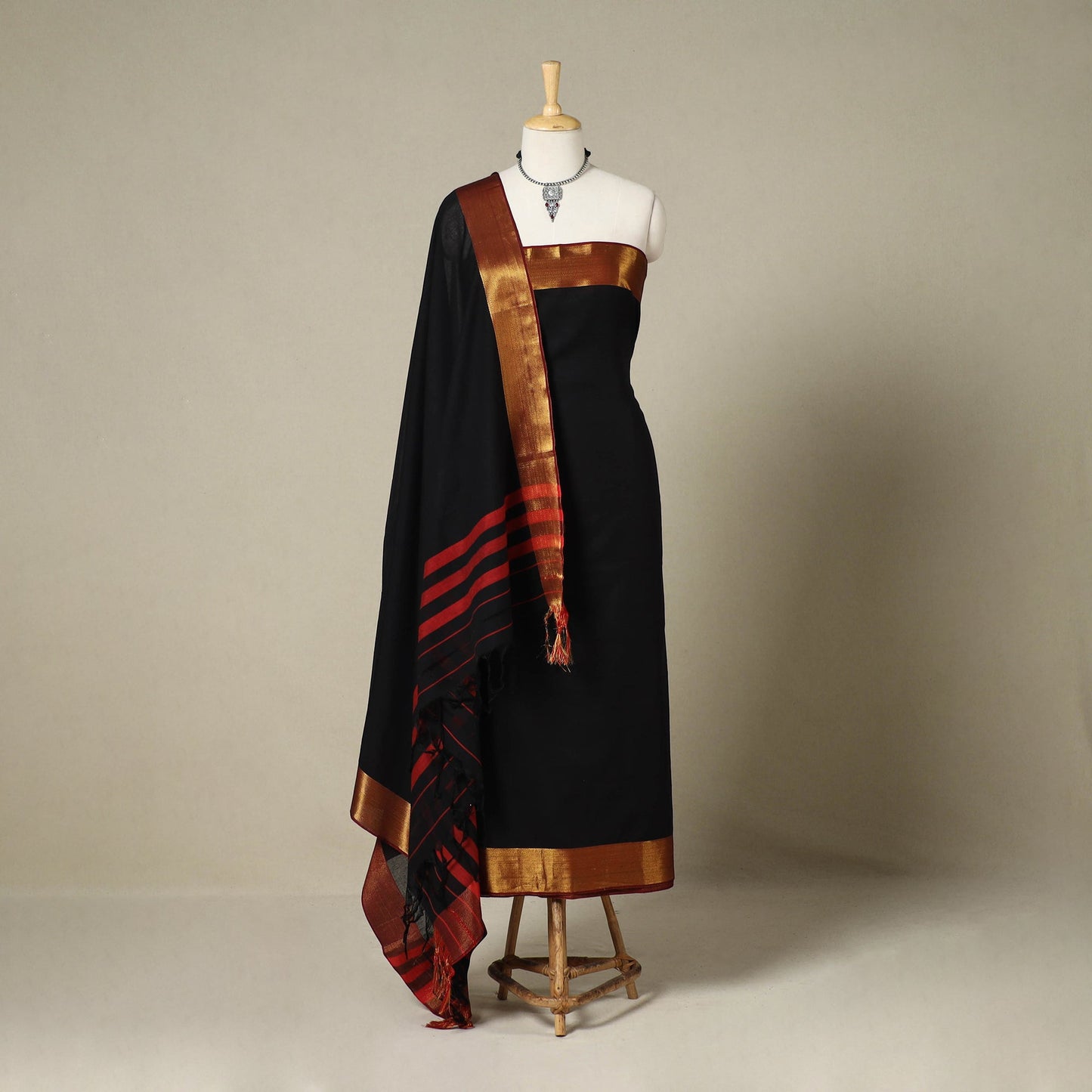 Black 3pc Cotton Unstitched Dharwad Dress Material