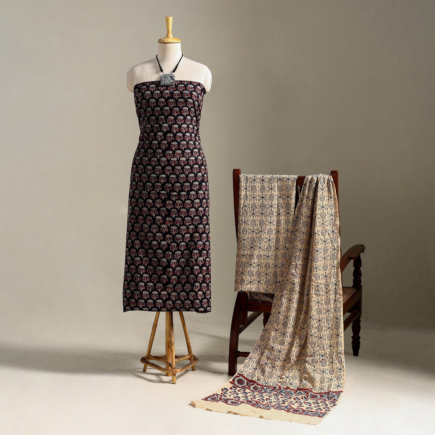 Black 3pc Block Print Cotton Ajrakh Dress Material