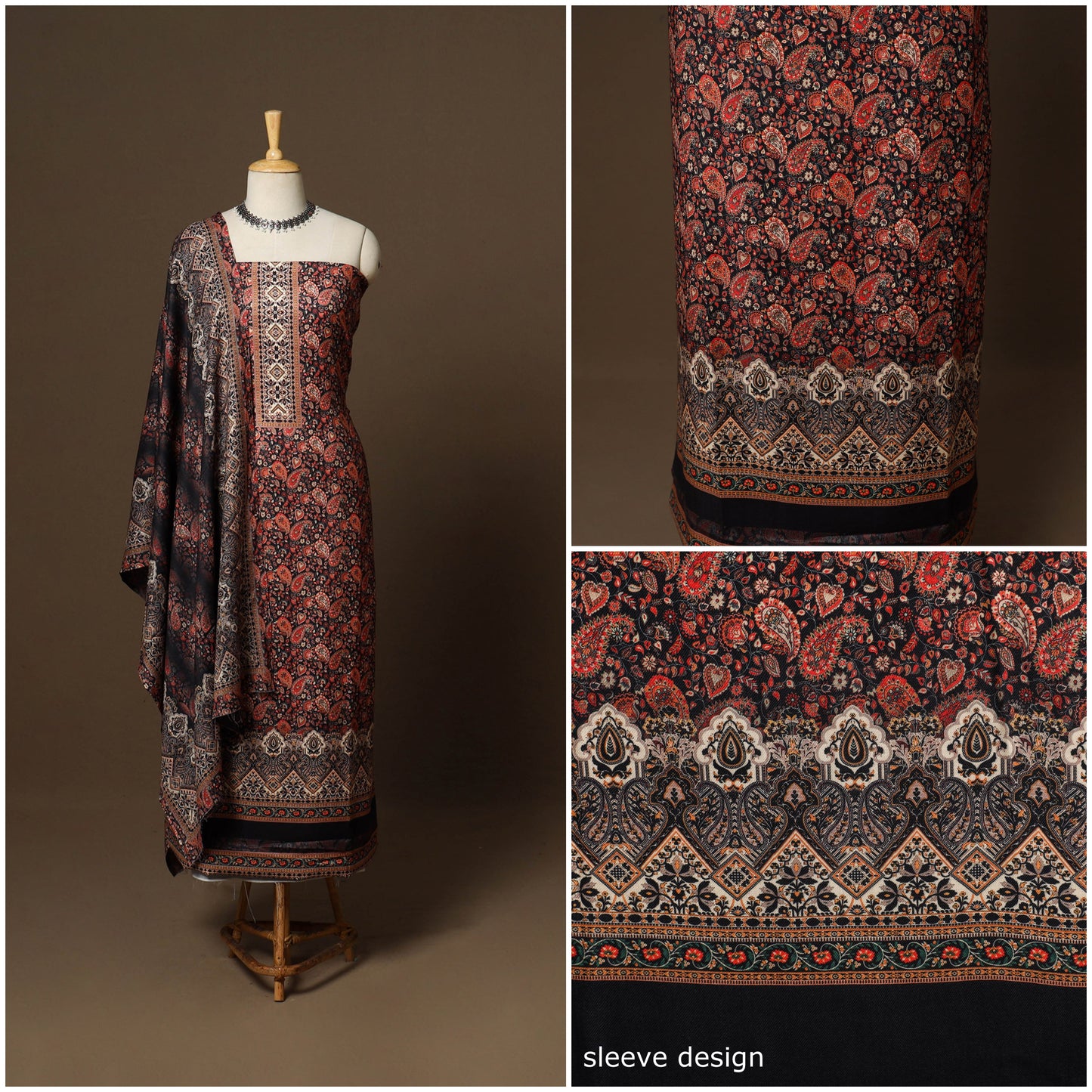 Black - 3pc digital merino wool unstitched dress material