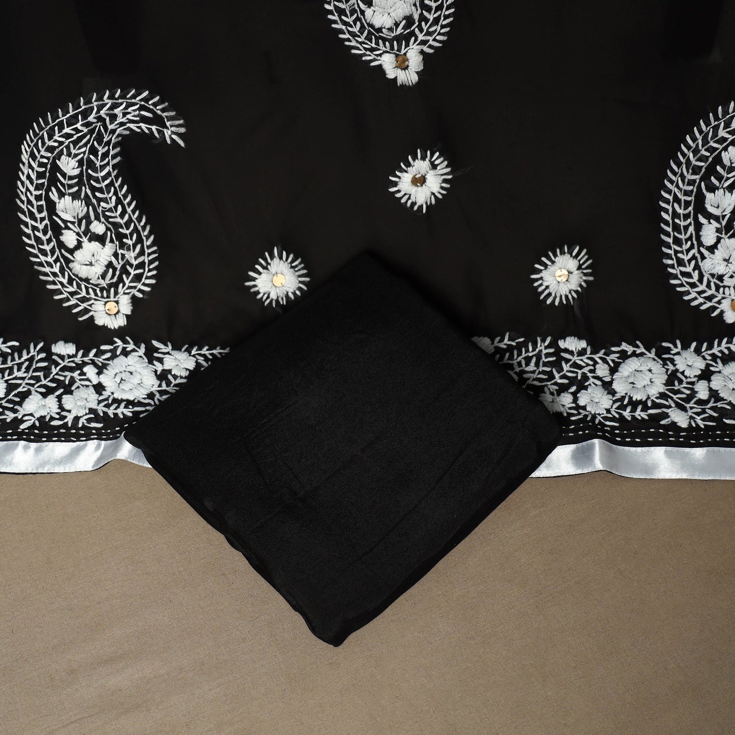 Black - 3pc hand embroidery georgette unstitched phulkari