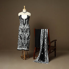 Black - 3pc hand embroidery georgette unstitched phulkari