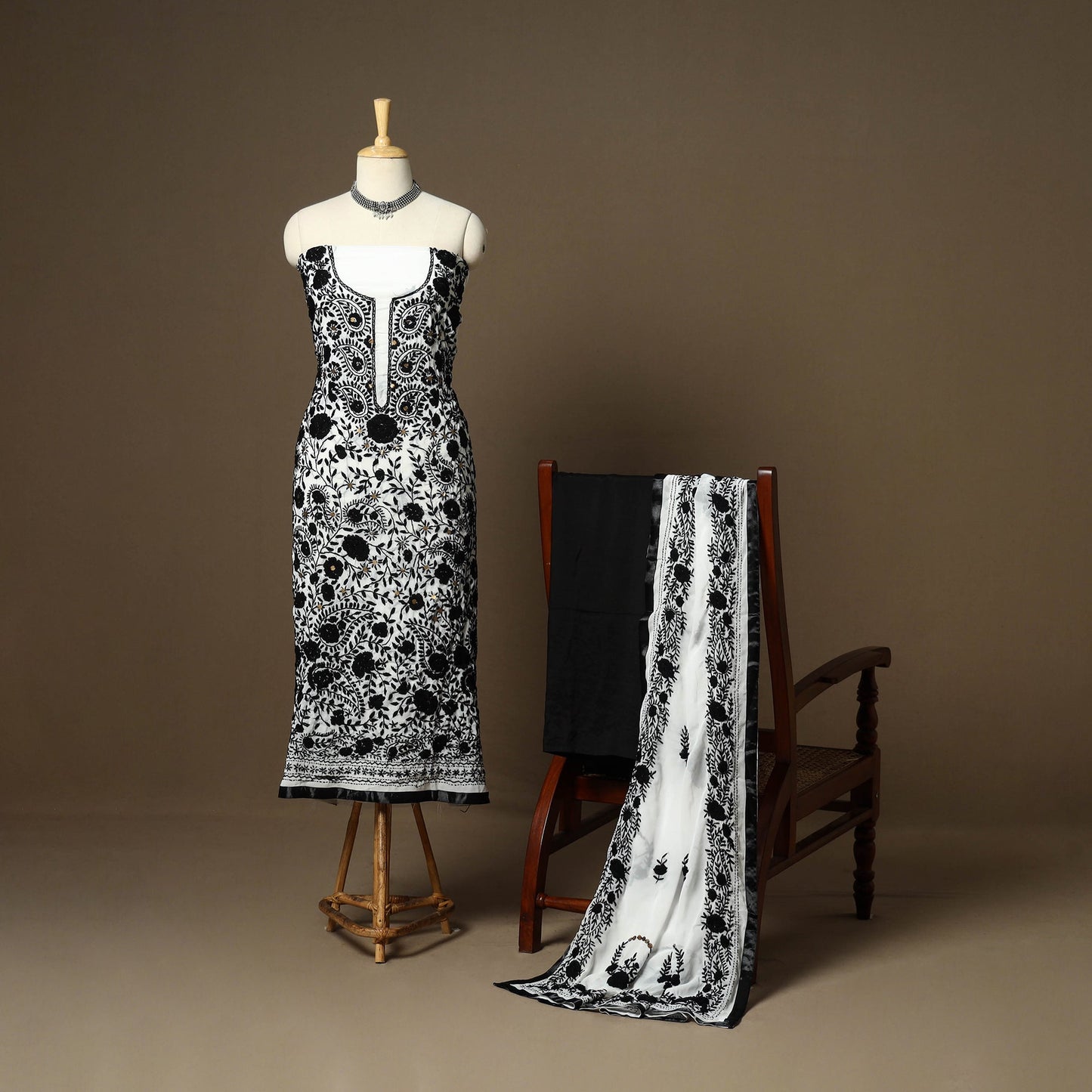 Black - 3pc hand embroidery georgette unstitched phulkari