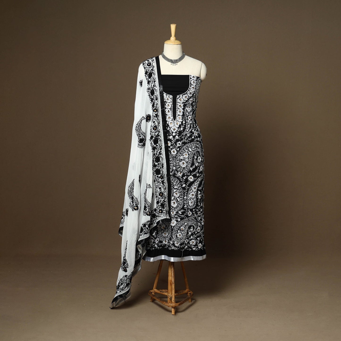 Black - 3pc hand embroidery georgette unstitched phulkari