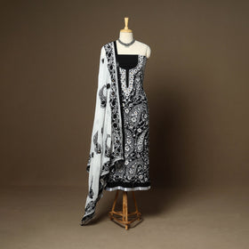 Black - 3pc hand embroidery georgette unstitched phulkari