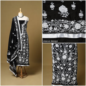 Black - 3pc hand embroidery georgette unstitched phulkari