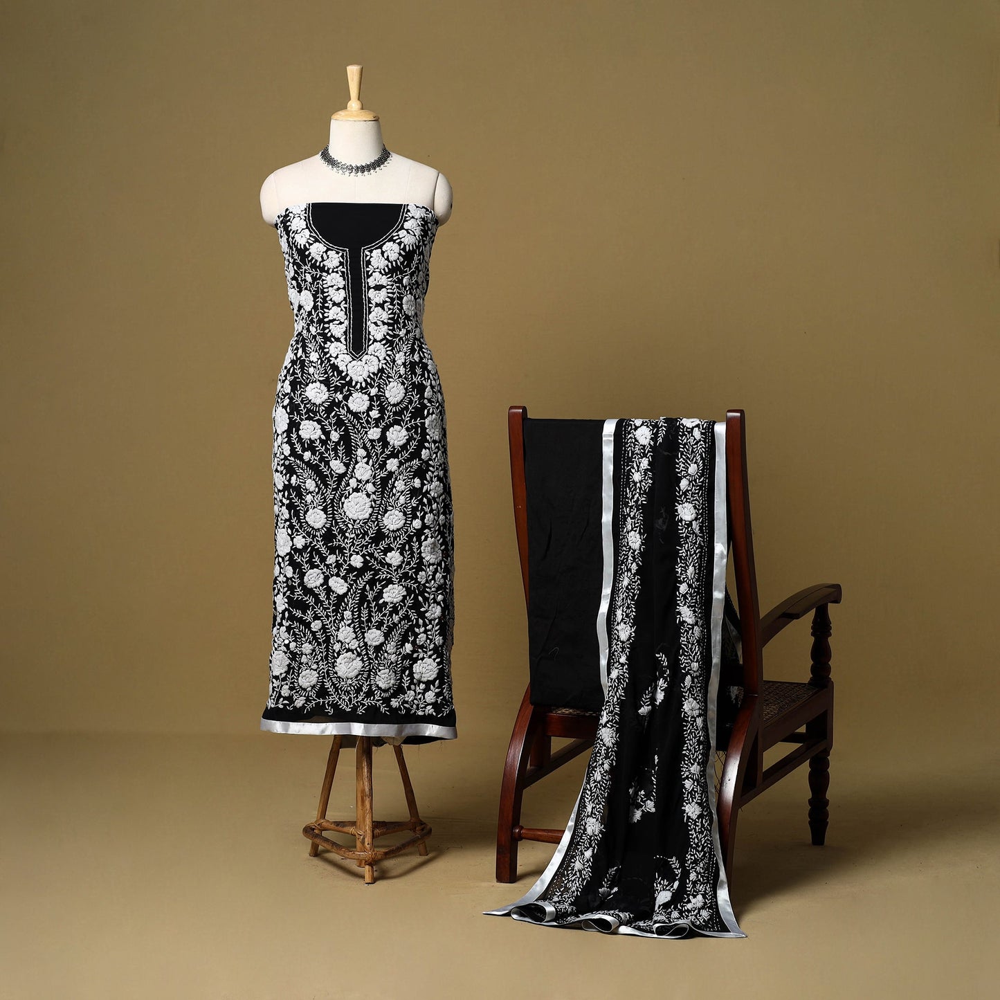 Black - 3pc hand embroidery georgette unstitched phulkari