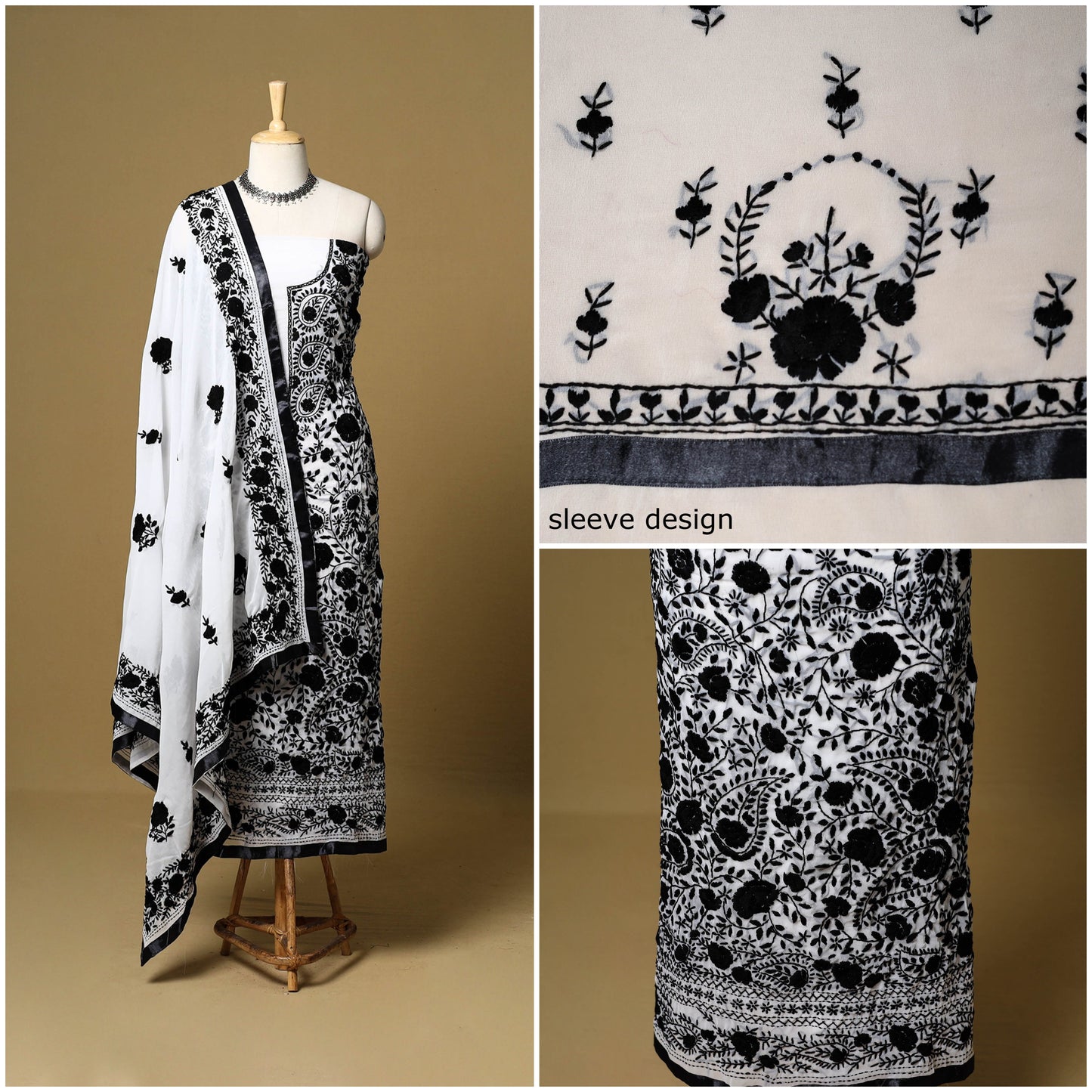 Black - 3pc hand embroidery georgette unstitched phulkari