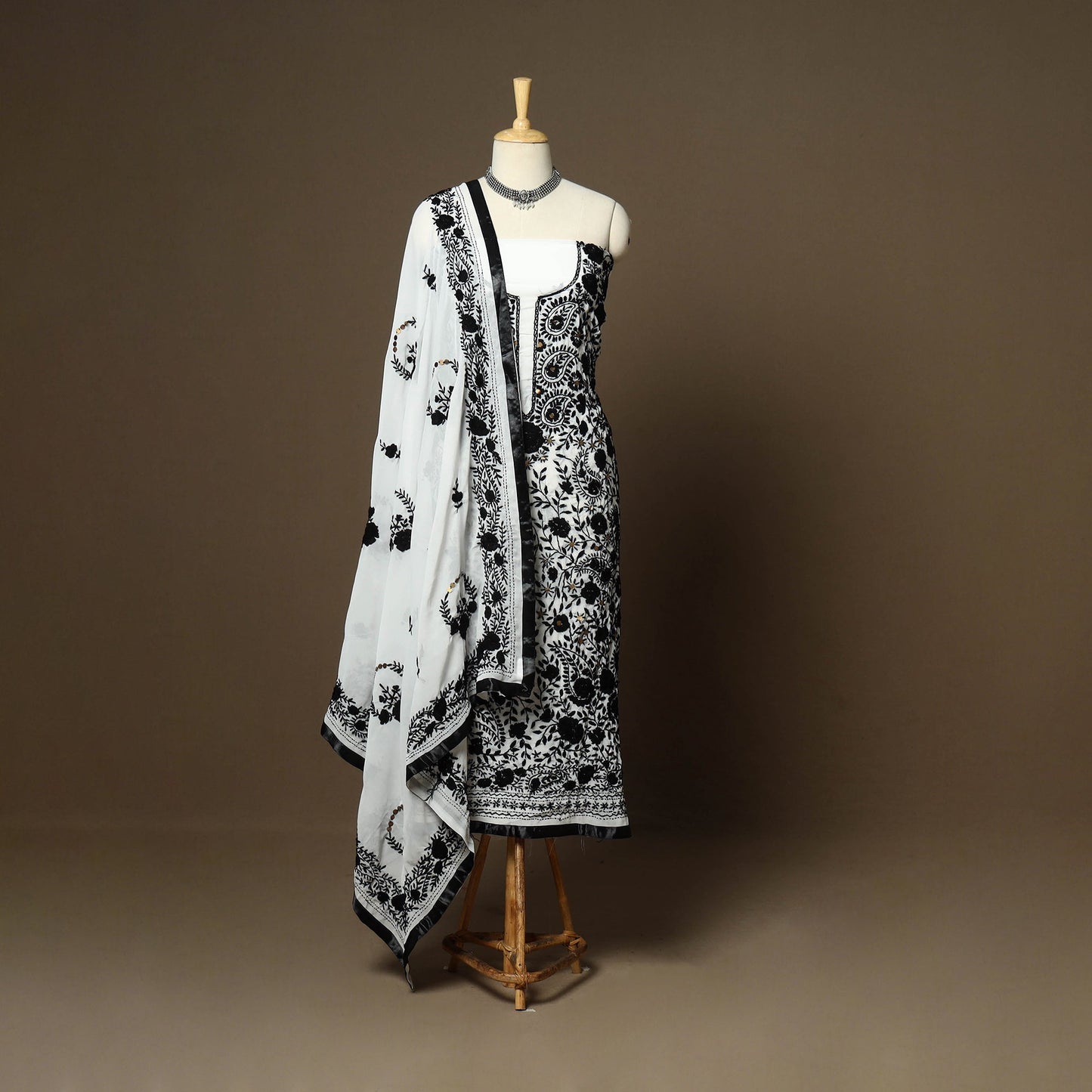 Black - 3pc hand embroidery georgette unstitched phulkari