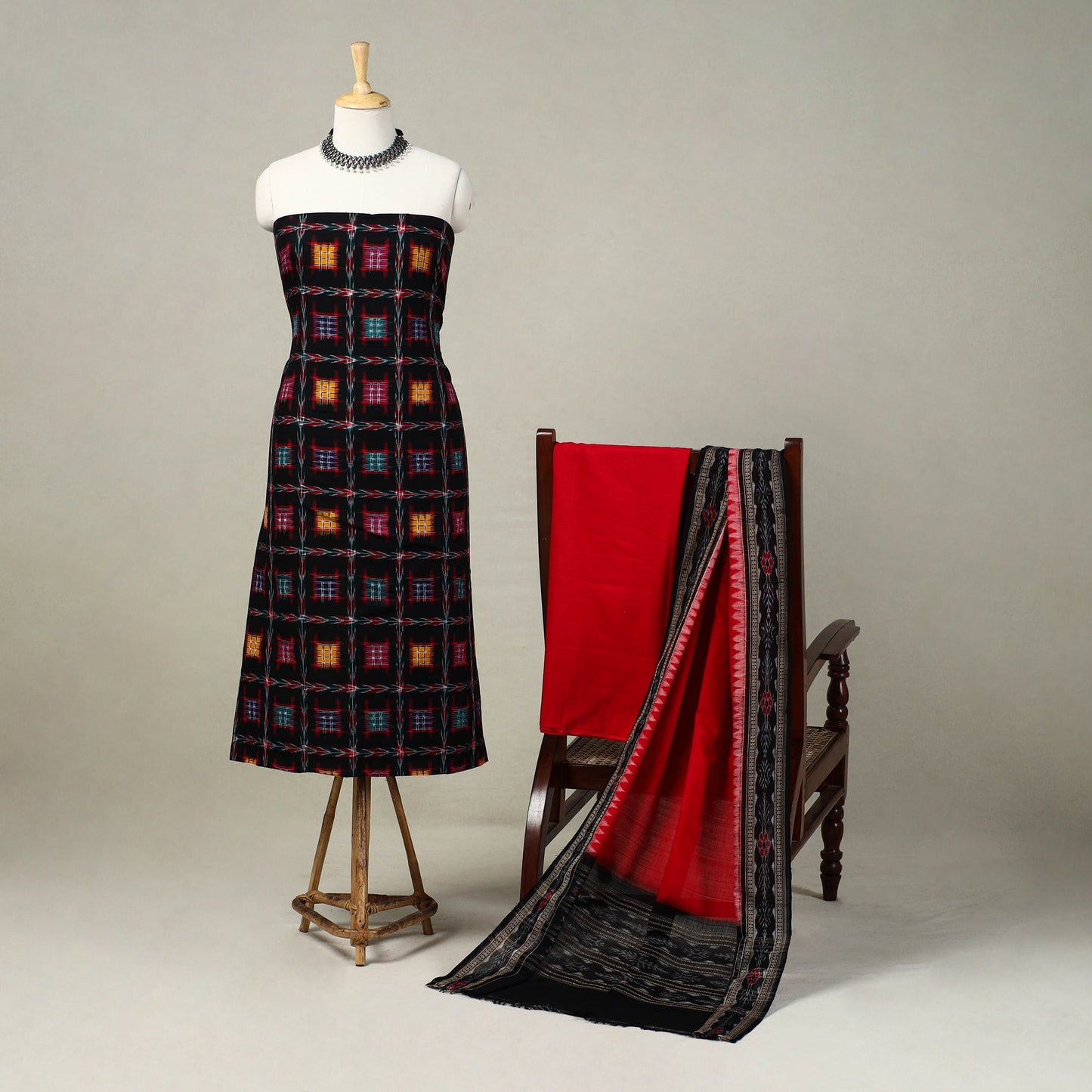 Black 3pc Handloom Cotton Sambalpuri Ikat Dress Material