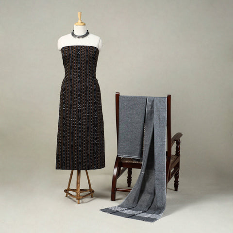 Black 3pc Handloom Cotton Sambalpuri Ikat Dress Material