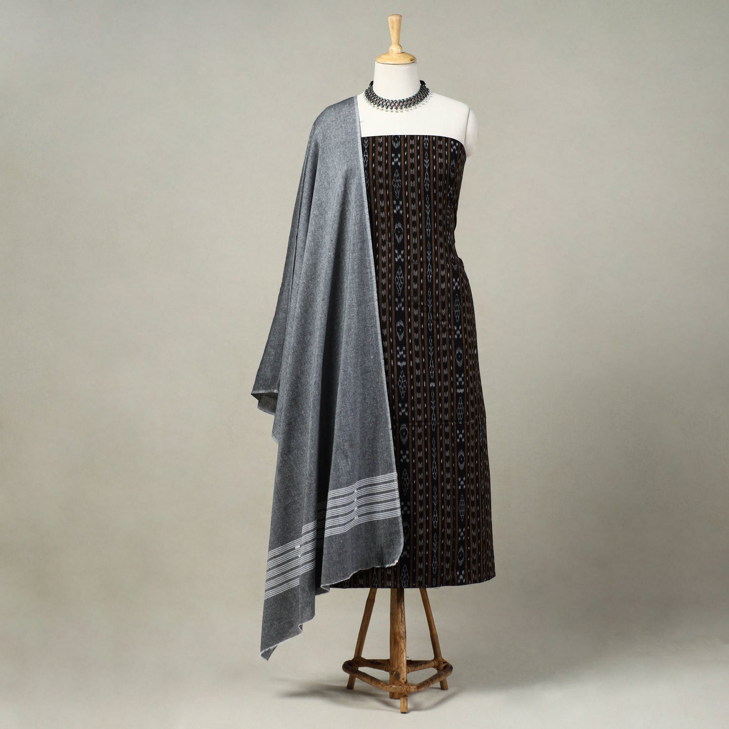 Black 3pc Handloom Cotton Sambalpuri Ikat Dress Material