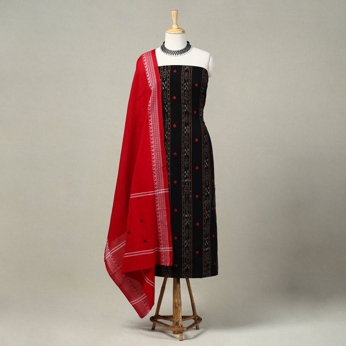 Black 3pc Handloom Cotton Sambalpuri Ikat Dress Material