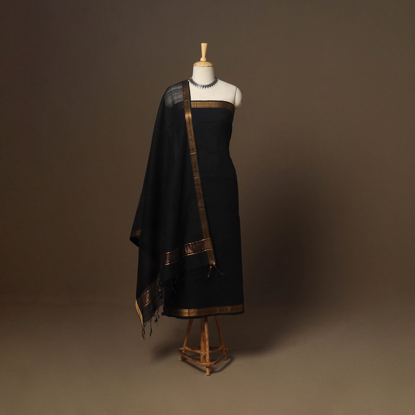 Black - 3pc handloom cotton unstitched mangalagiri dress