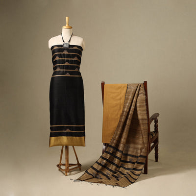 Black 3pc Handloom Tussar Silk Bhagalpuri Dress Material