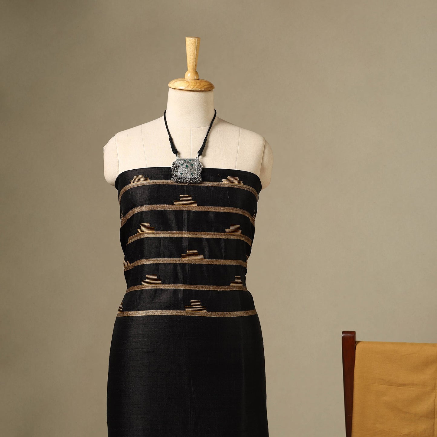 Black 3pc Handloom Tussar Silk Bhagalpuri Dress Material