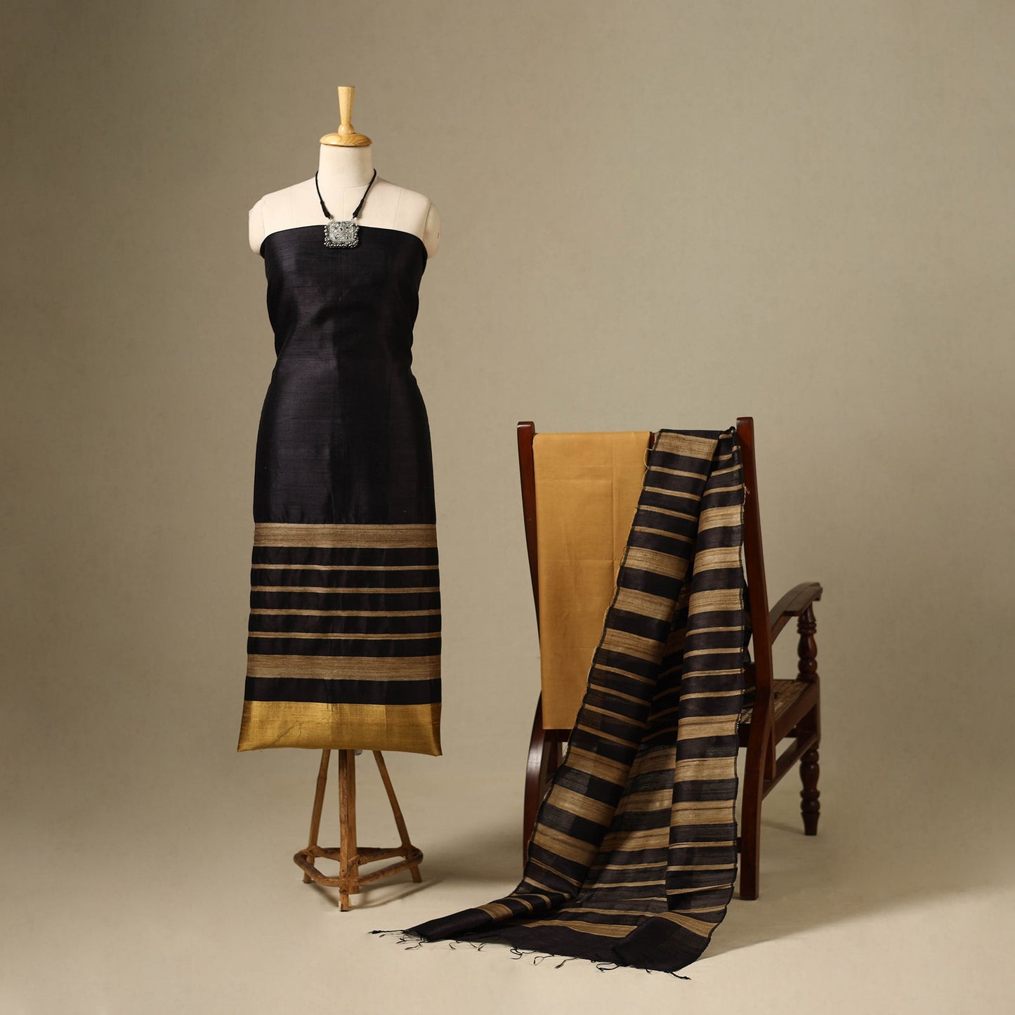 Black - 3pc handloom tussar silk bhagalpuri unstitched