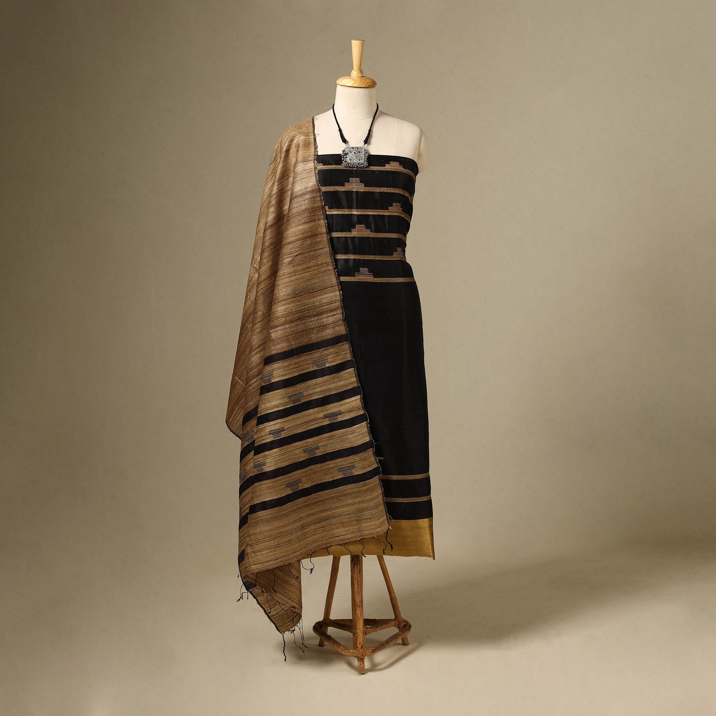 Black 3pc Handloom Tussar Silk Bhagalpuri Dress Material