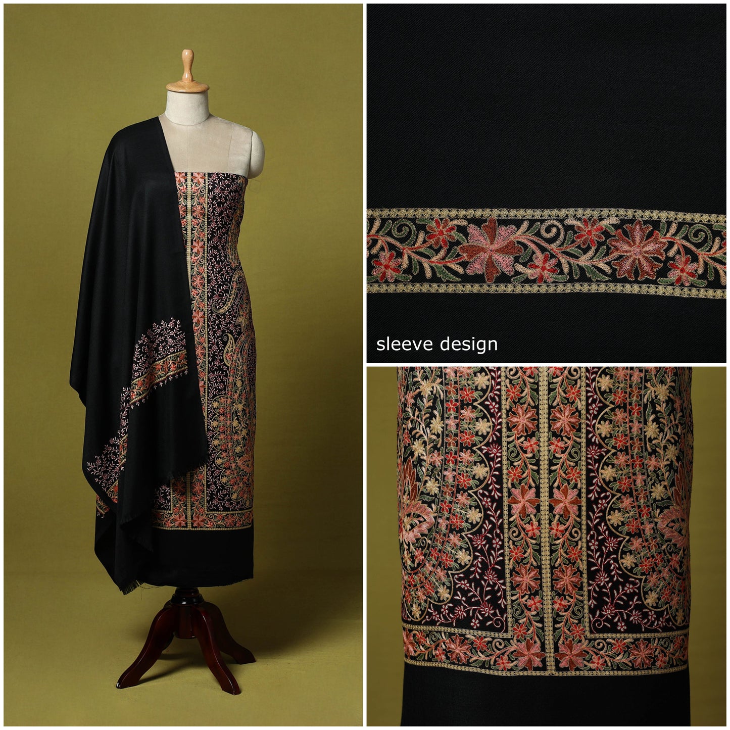 Black - 3pc heavy chain stitch embroidered merino wool