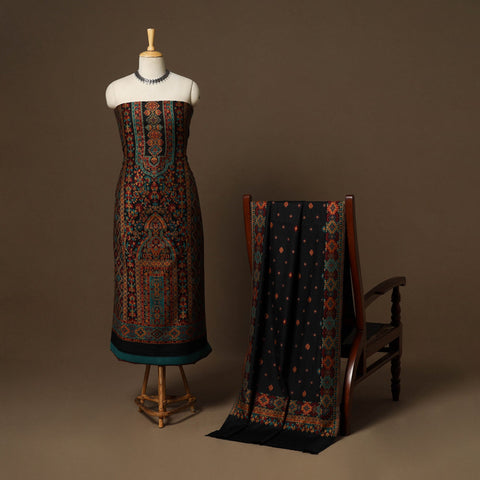 Black - 3pc jacquard weave merino wool unstitched dress