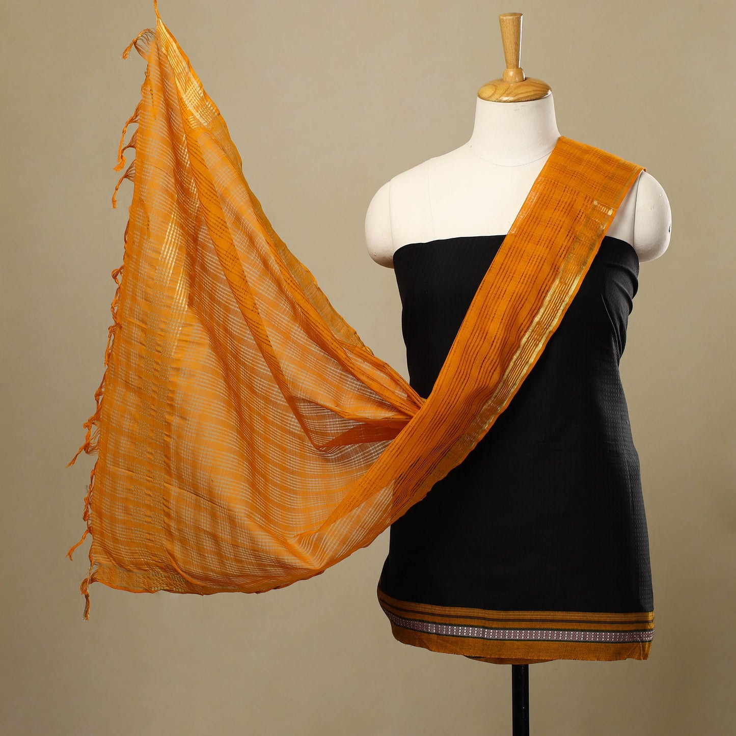 Black - 3pc karnataka weave cotton khun unstitched dress