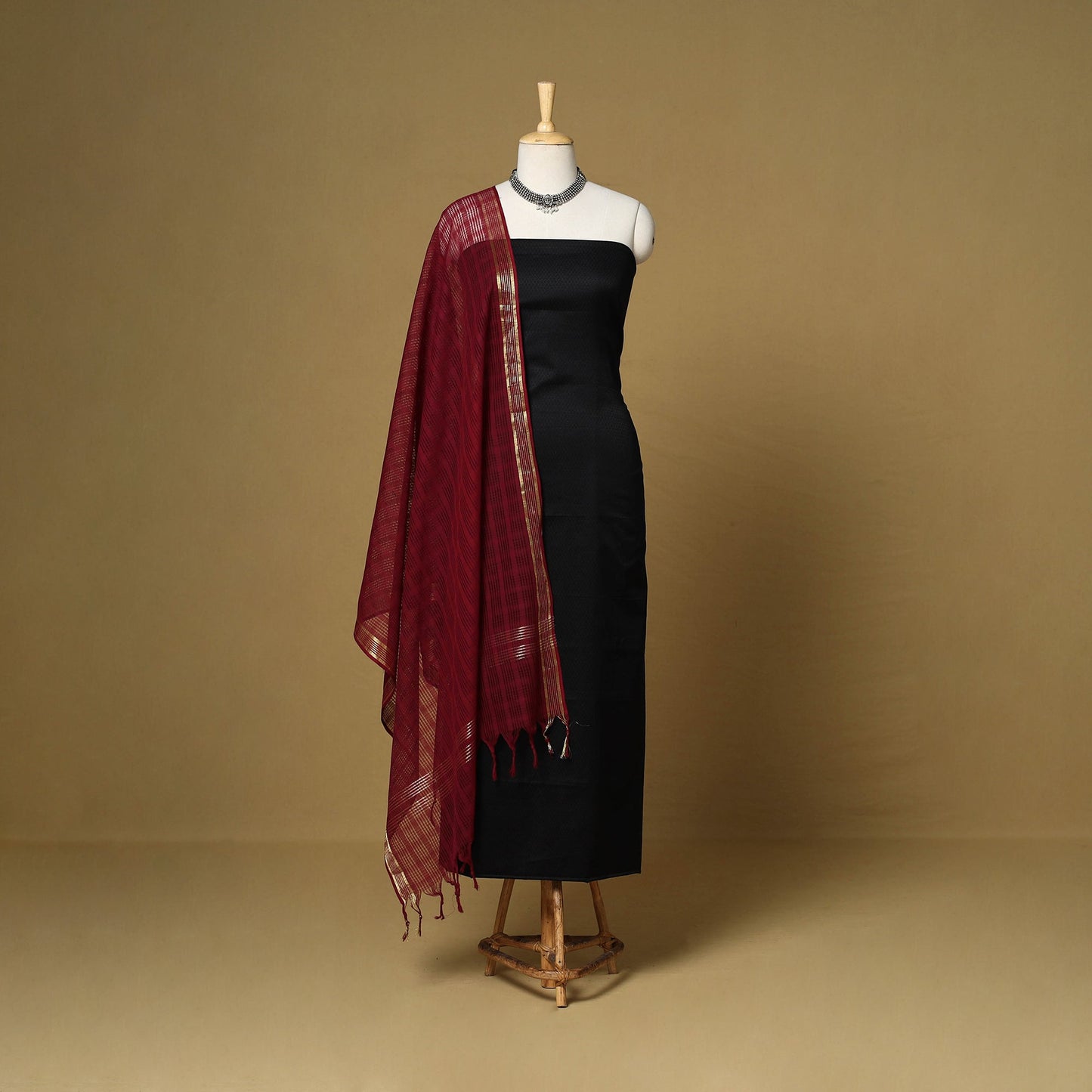 Black - 3pc karnataka weave cotton unstitched khun dress