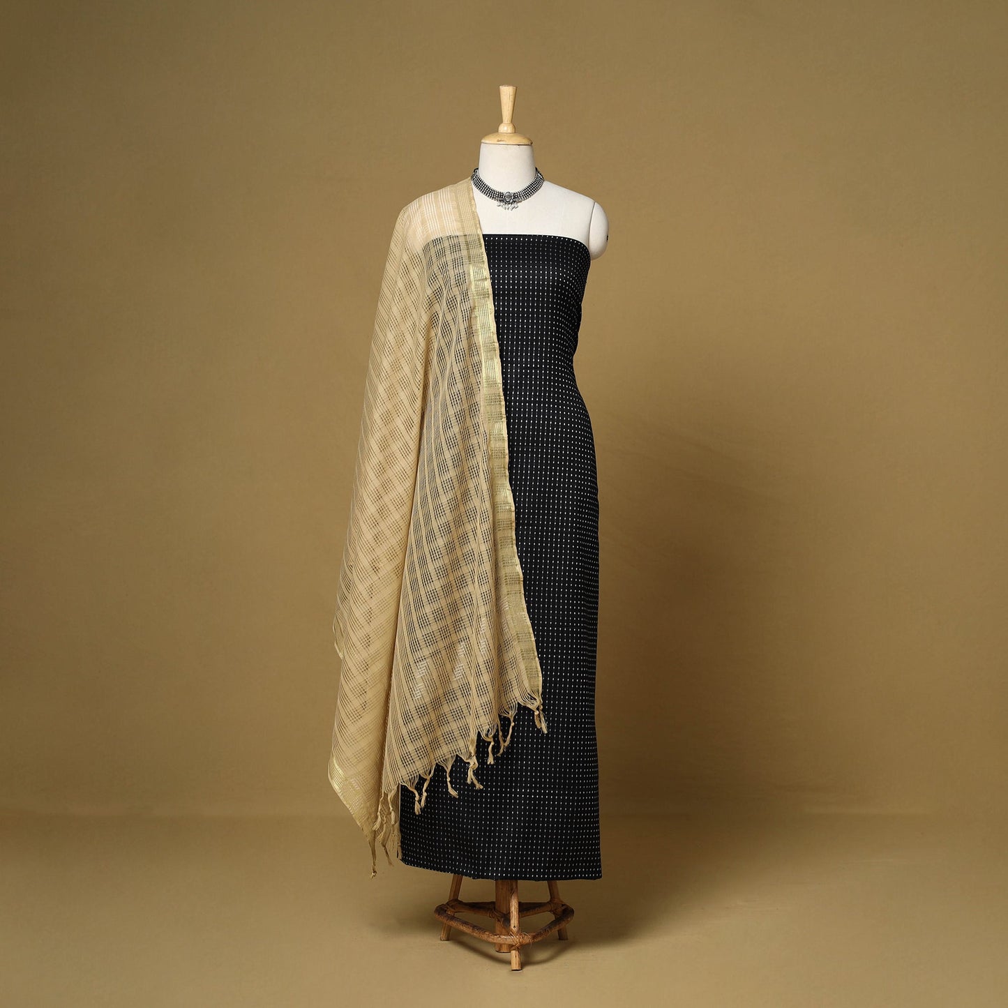 Black - 3pc karnataka weave cotton unstitched khun dress