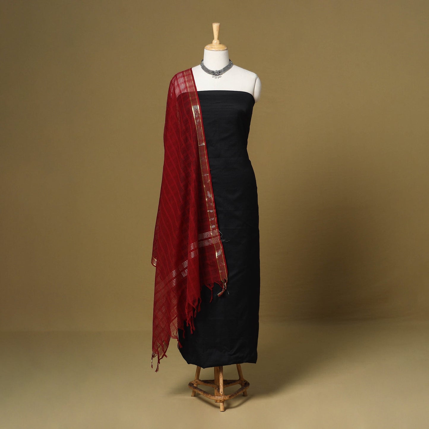 Black - 3pc karnataka weave cotton unstitched khun dress