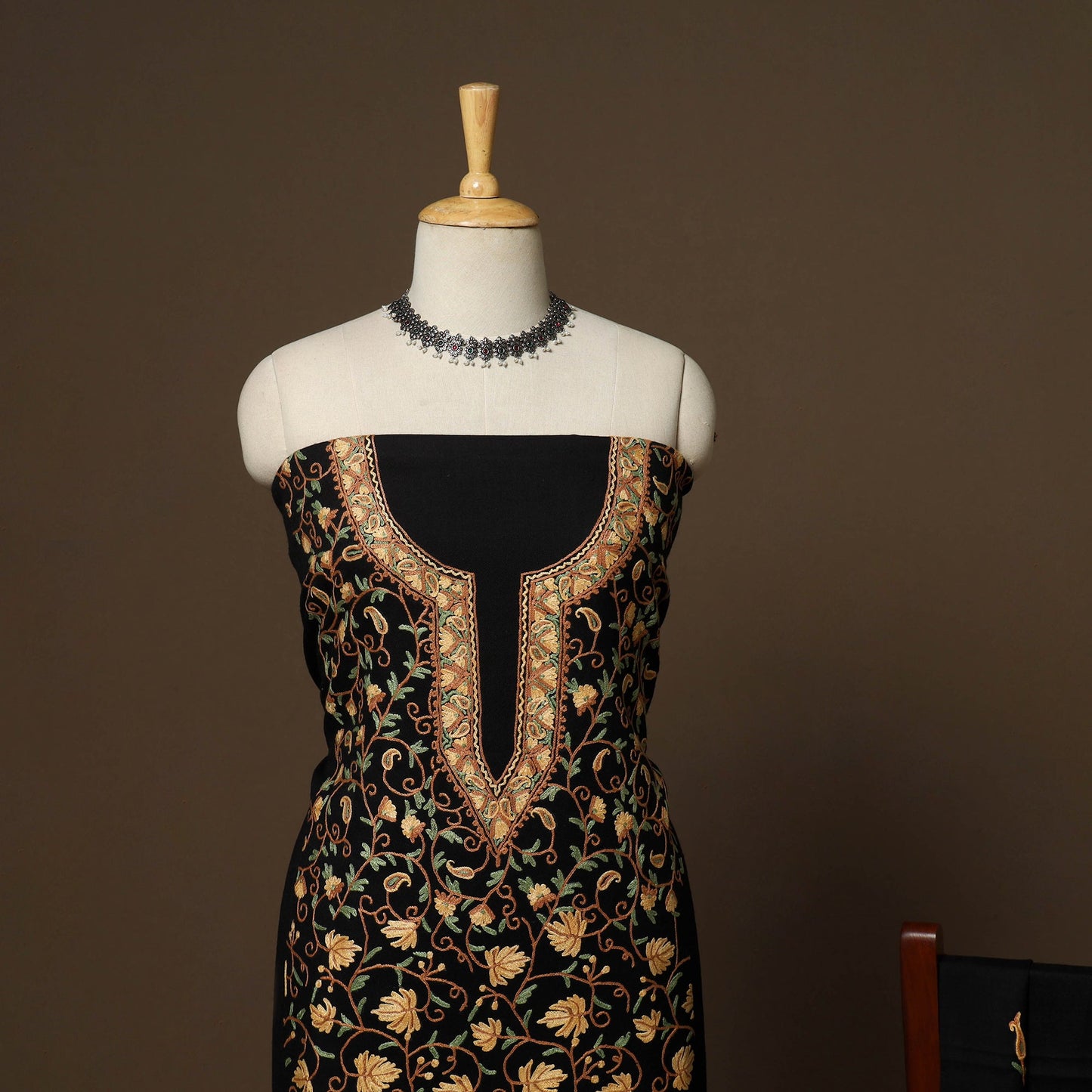 Black - 3pc kashmiri merino wool unstitched sozni hand