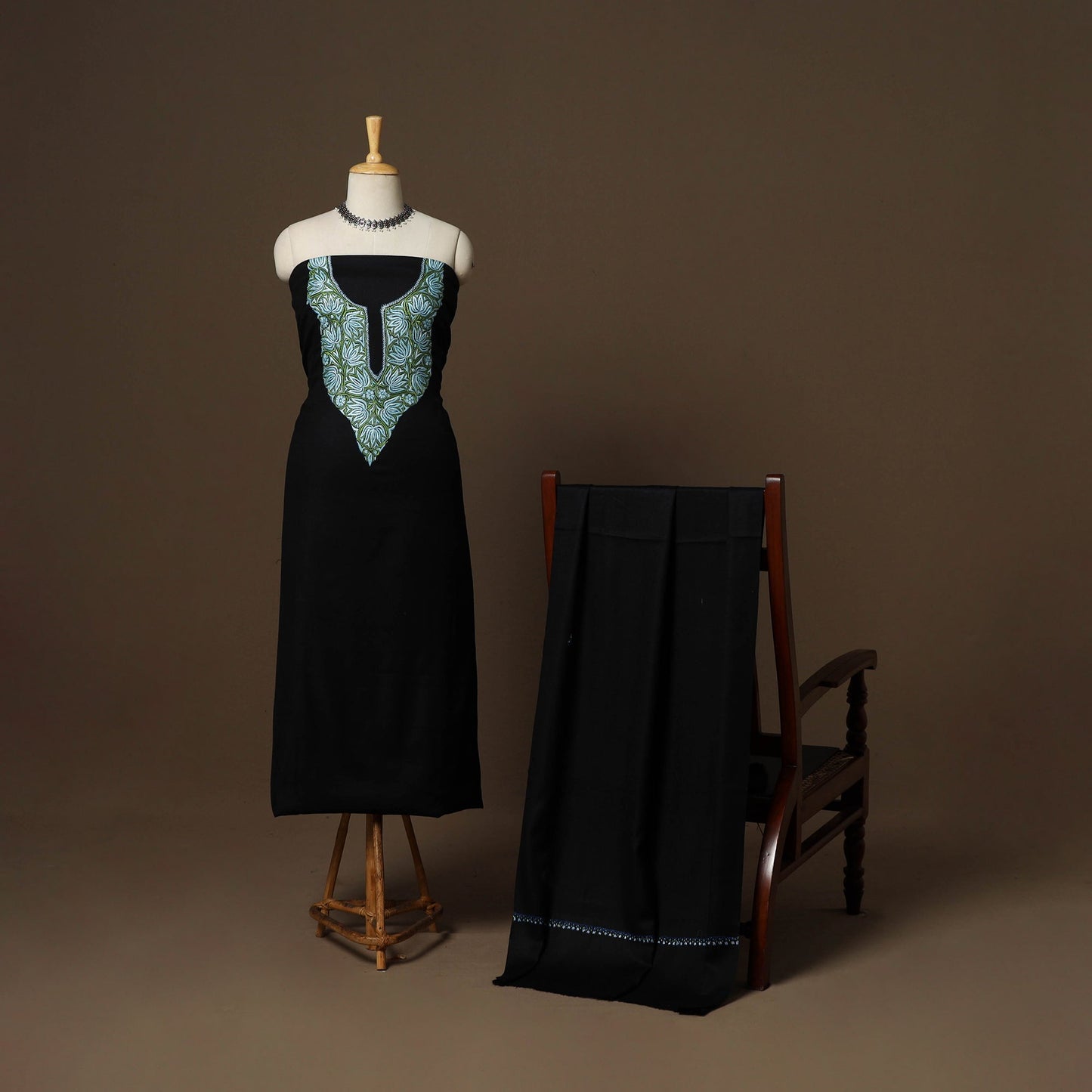 Black - 3pc kashmiri merino wool unstitched sozni hand