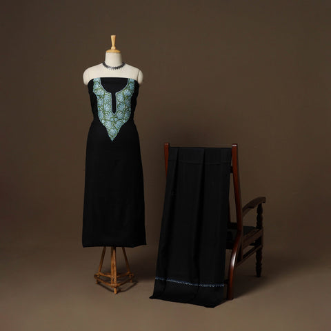Black - 3pc kashmiri merino wool unstitched sozni hand