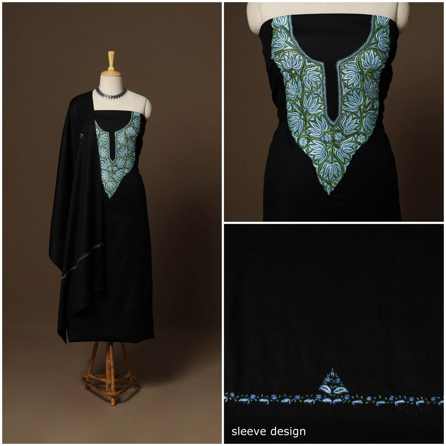 Black - 3pc kashmiri merino wool unstitched sozni hand