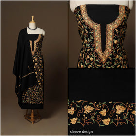 Black - 3pc kashmiri merino wool unstitched sozni hand