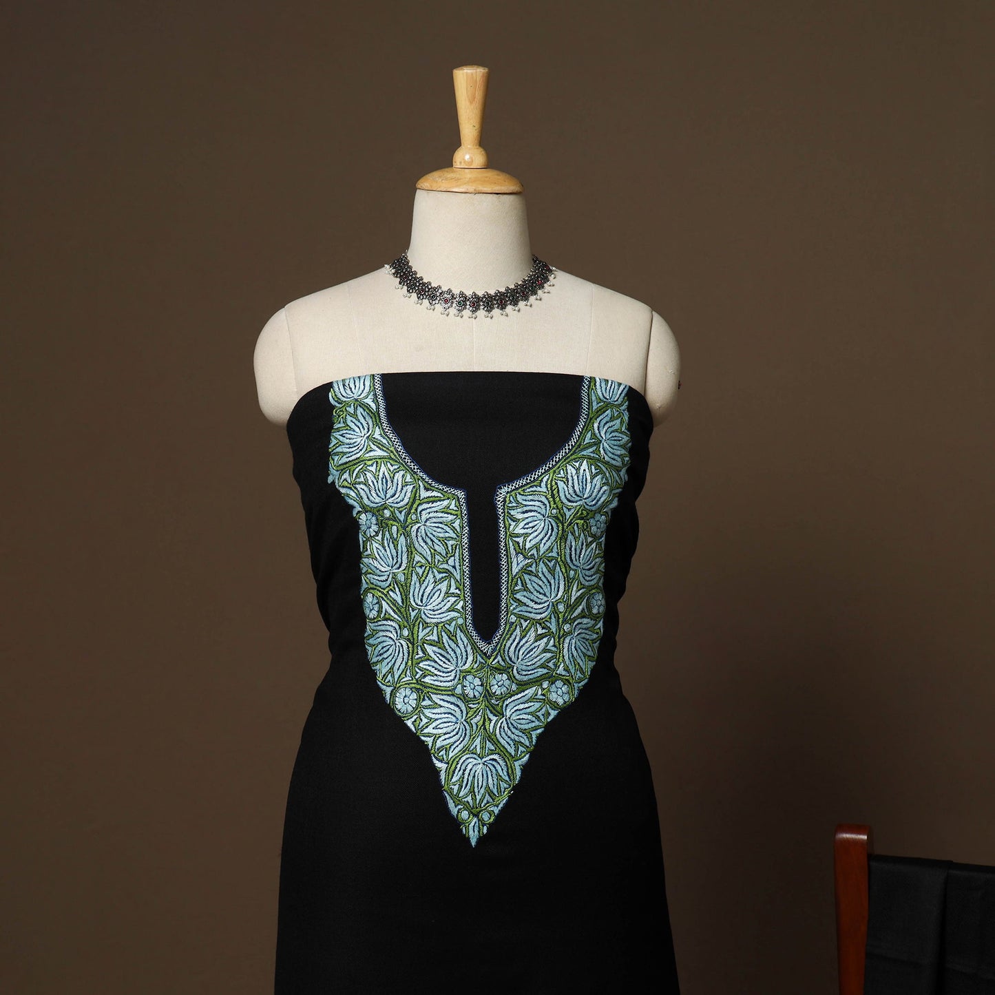 Black - 3pc kashmiri merino wool unstitched sozni hand