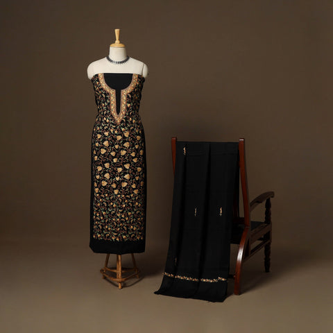 Black - 3pc kashmiri merino wool unstitched sozni hand