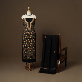 Black - 3pc kashmiri merino wool unstitched sozni hand