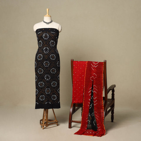 Black - 3pc kutch tie-dye satin cotton unstitched bandhani