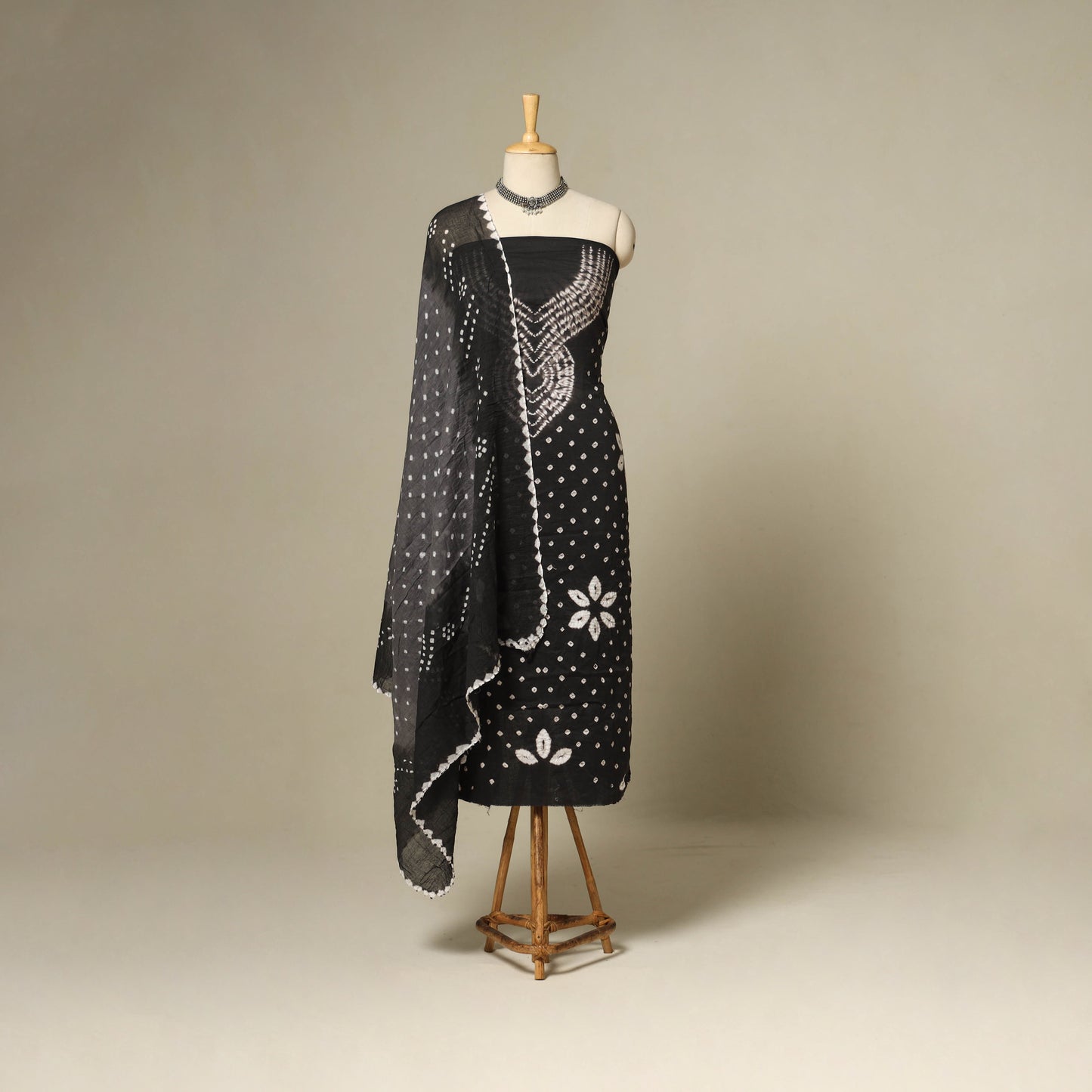 Black - 3pc kutch tie-dye satin cotton unstitched bandhani