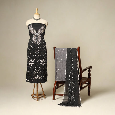 Black - 3pc kutch tie-dye satin cotton unstitched bandhani