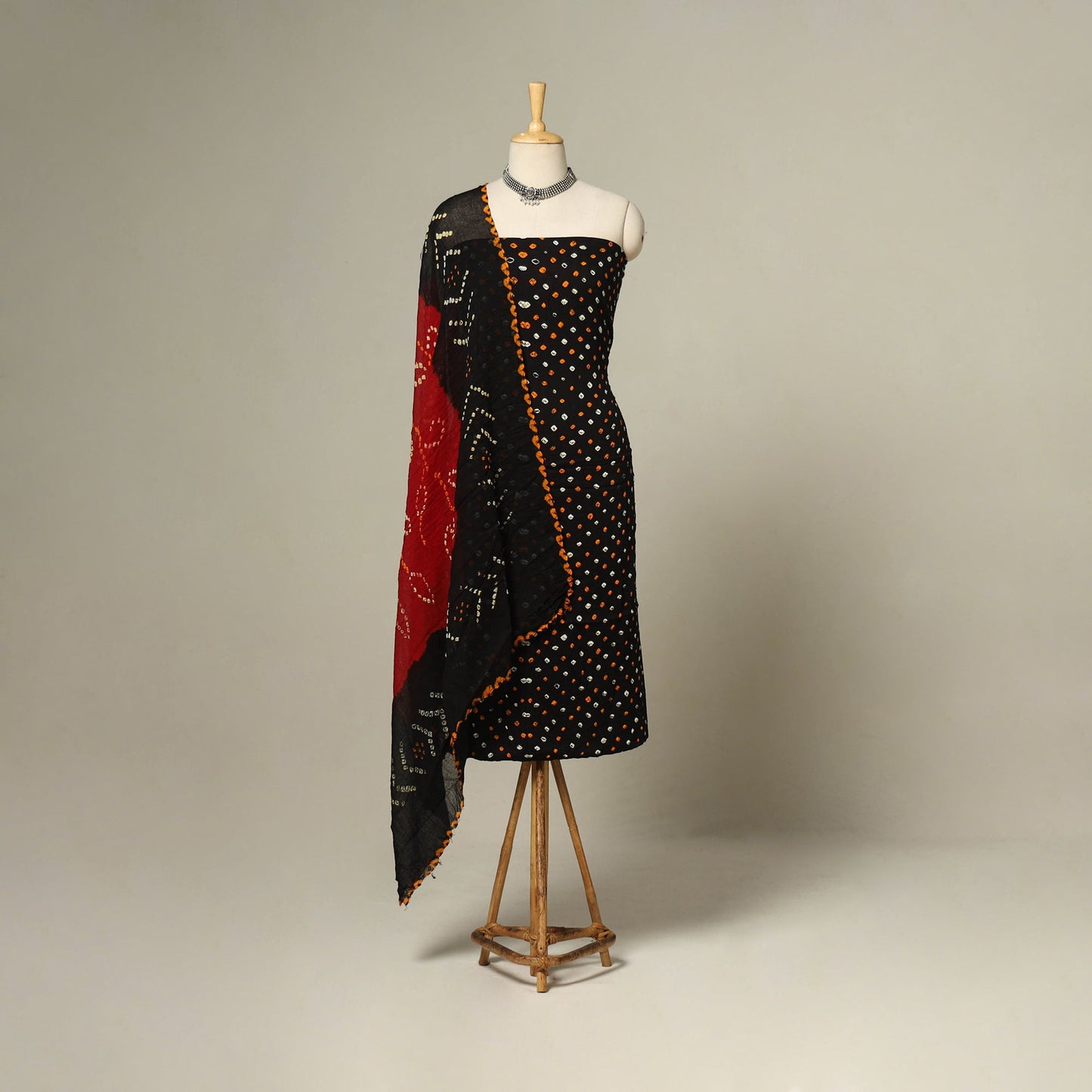 Black - 3pc kutch tie-dye satin cotton unstitched bandhani