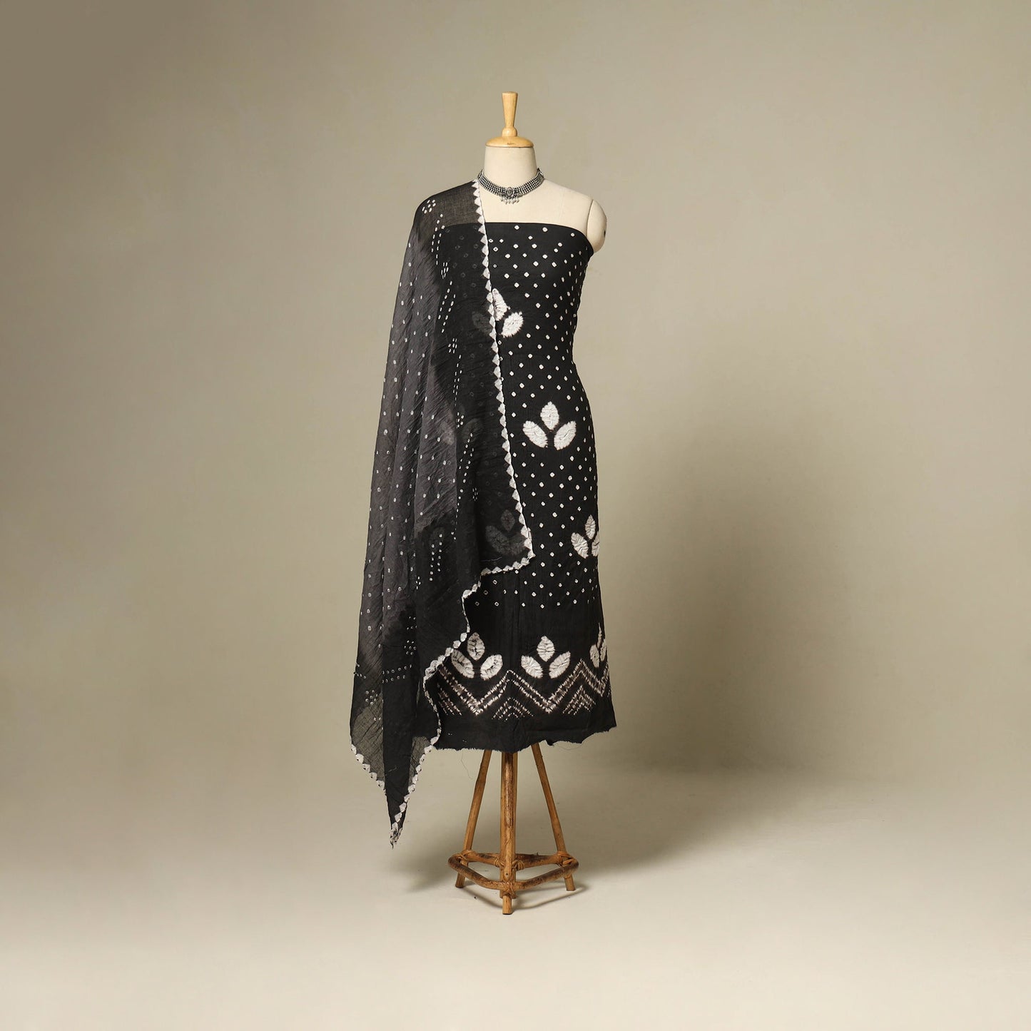 Black - 3pc kutch tie-dye satin cotton unstitched bandhani