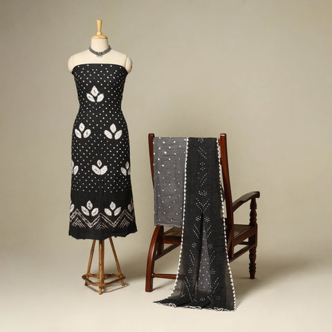 Black - 3pc kutch tie-dye satin cotton unstitched bandhani