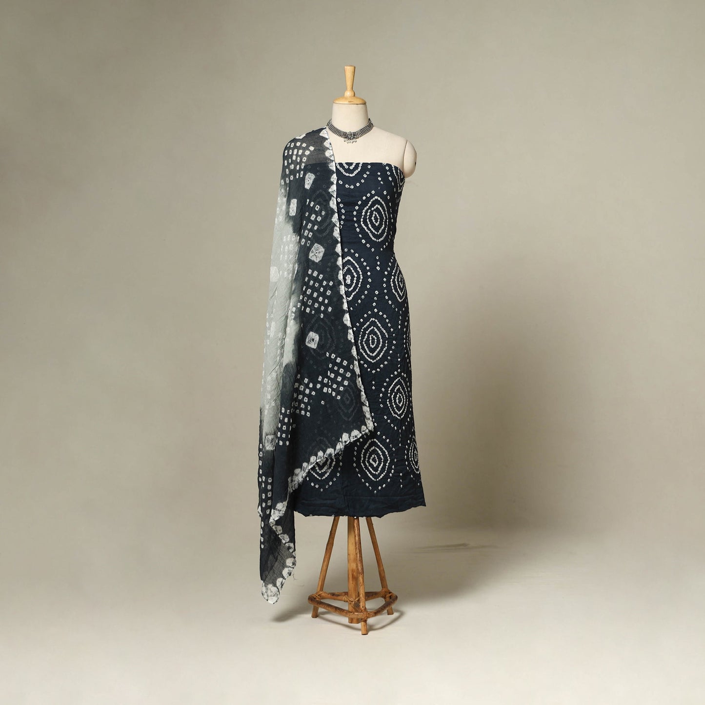 Black - 3pc kutch tie-dye satin cotton unstitched bandhani