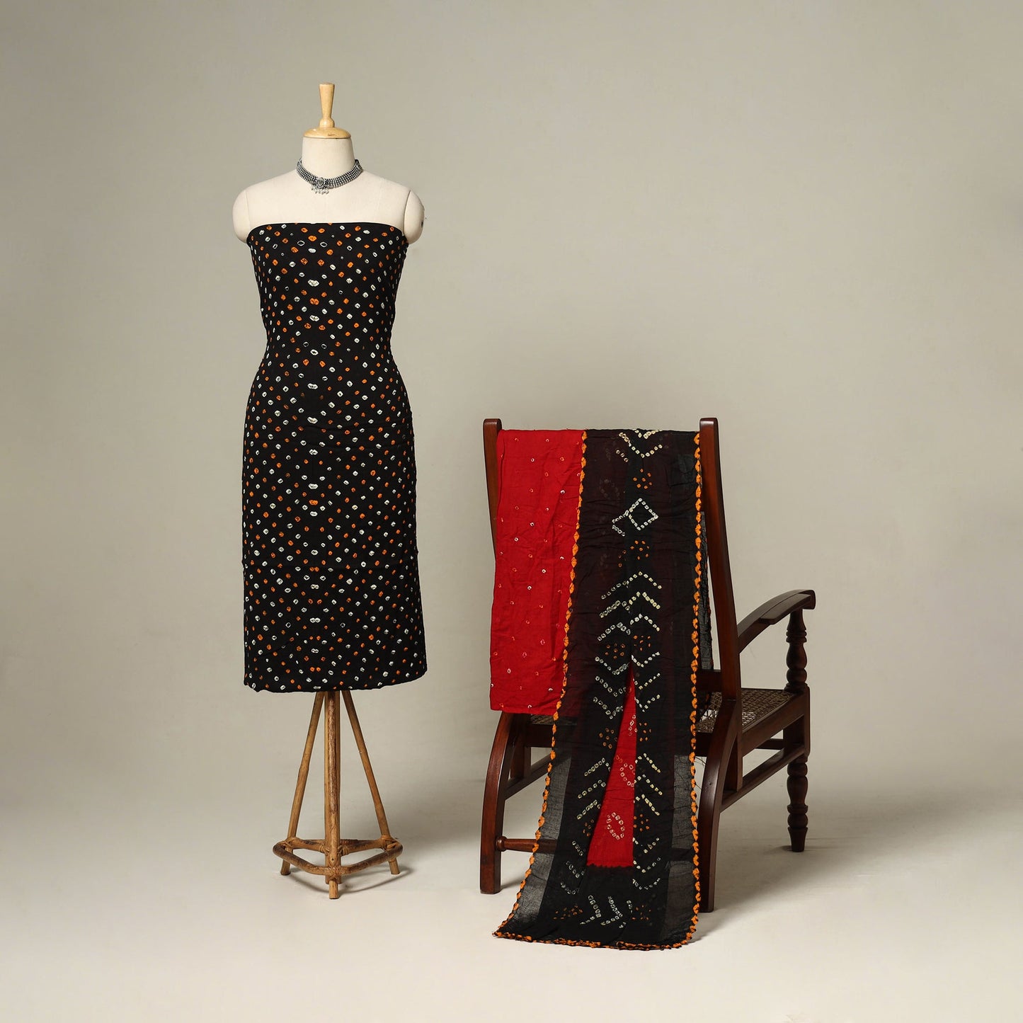 Black - 3pc kutch tie-dye satin cotton unstitched bandhani