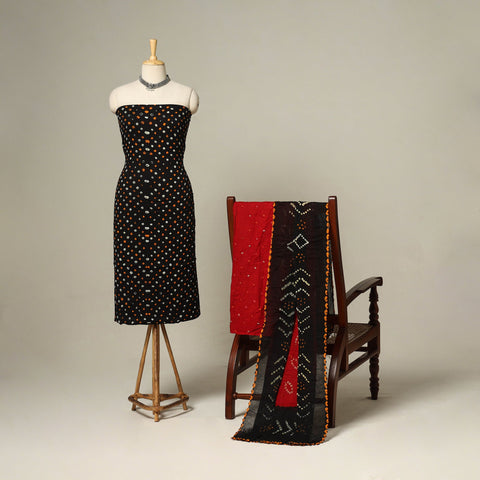 Black - 3pc kutch tie-dye satin cotton unstitched bandhani