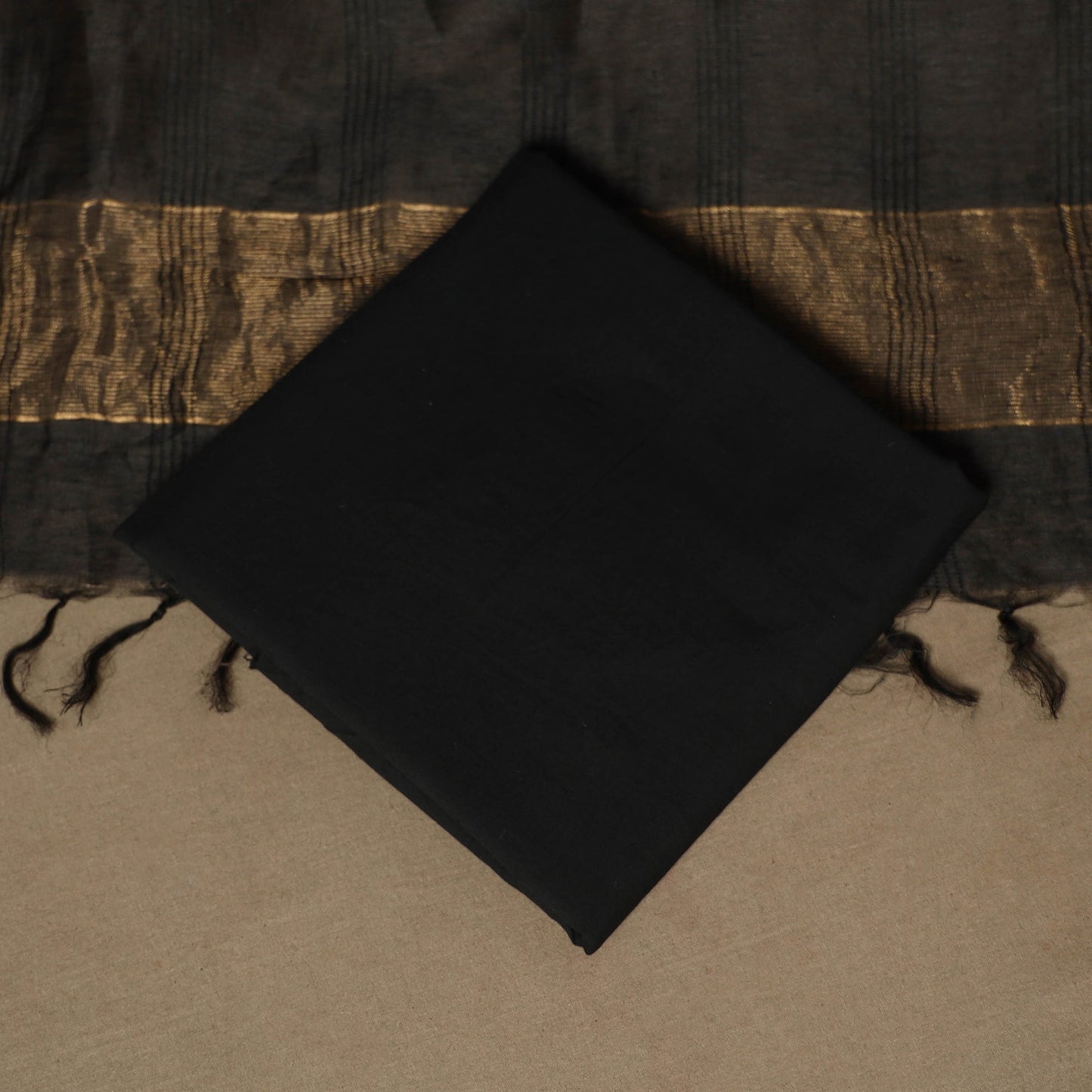 Black - 3pc linen silk handloom unstitched plain dress