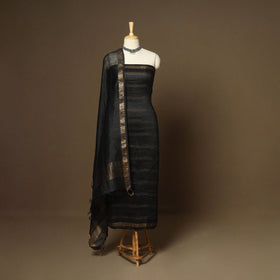 Black - 3pc linen silk handloom unstitched plain dress