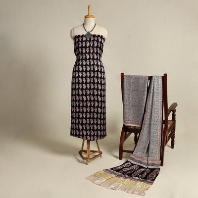 Black 3pc Modal Silk Bagh Print Suit Material 