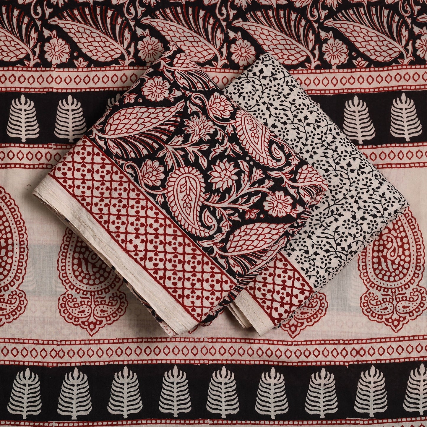 3pc Black Natural Dyed Cotton Bagh Print Suit Material Set