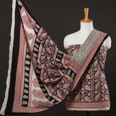 3pc Black Natural Dyed Cotton Bagh Print Suit Material Set